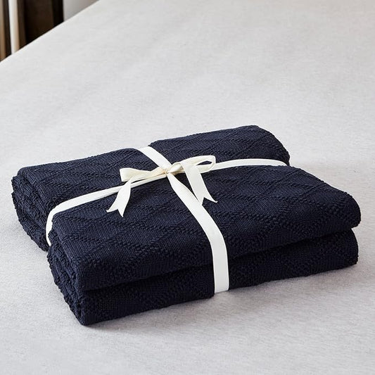 100% Cotton Navy Blue Cable Knit Throw Blanket with Bonus Laundering Bag - Large Thick, 2.5 Pounds,Extra Cozy, Machine Washable, Comfortable Home Decor (Navy X pattern, 50"x60")