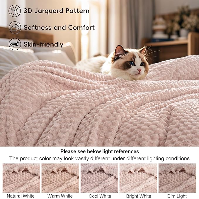PHF Ultra Soft Flannel Fleece Blanket King Size, Lightweight 3D Jacquard Fleece Blanket, No Shedding, No Pilling, Luxury 340GSM Aesthetic Fluffy Cozy for Bed Room Decor, 108"x90", Rose Smoke