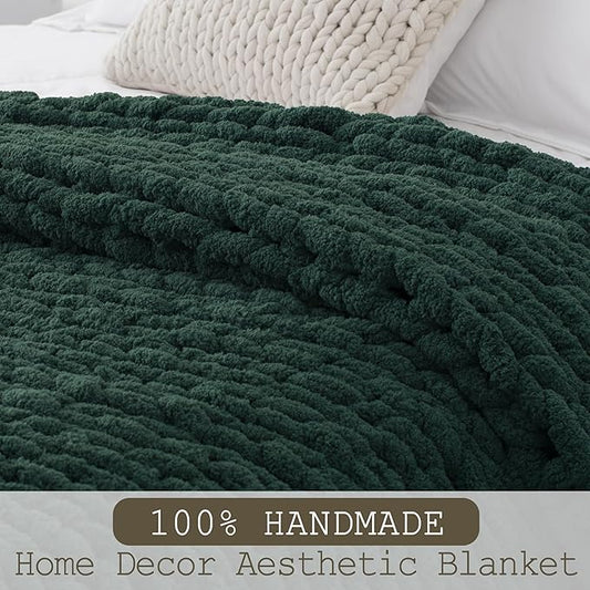 Chunky Knit Throw Blanket 60"X 80", 100% Handmade with Soft Chenille Yarn, 4.4lbs Thick Cable Knitted Blankets, Large Rope Knot Crochet Throws for Couch Sofa Bed Home Decor, Dark Green
