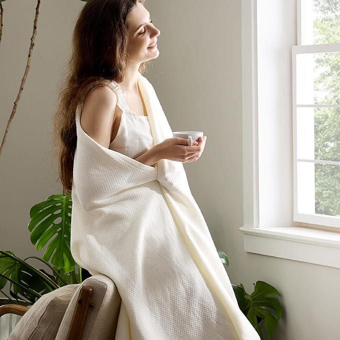 Bedsure 100% Cotton Large Throw Blanket for Couch 50x70 inches - Breathable and Lightweight, Soft Cozy Herringbone Woven Blanket for Summer Spring, Ivory