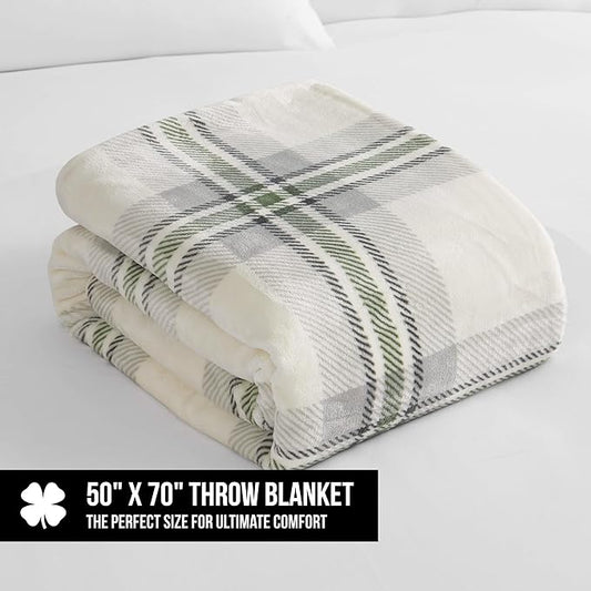 Lucky Brand Sherpa Plaid Grey/Olive 50"X70" Cozy Plush Blanket - Premium Microfiber Throw for Luxurious Comfort and Style