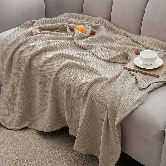 PHF 100% Cotton Muslin Blanket Twin Size 66" x 90", 4-Layer Lightweight and Breathable Blanket for Summer, Luxuriously Soft Gauze Bedding for Bed, Natural Minimalism Style, Ideal Gift, Simply Taupe