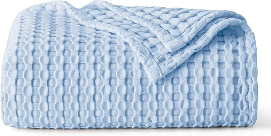 Bedsure Cooling Cotton Waffle Weave Throw Blanket - Lightweight Breathable Blanket of Rayon Derived from Bamboo for Hot Sleepers, Luxury Throws for Bed, Couch and Sofa, Blue, 50x70 Inches