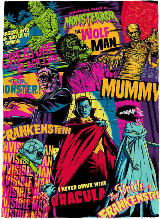 Universal Monsters Mashup Plush Throw Blanket - Measures 50 x 70 Inches, Super Soft Lightweight Bedding with Frankenstein, Dracula and The Mummy