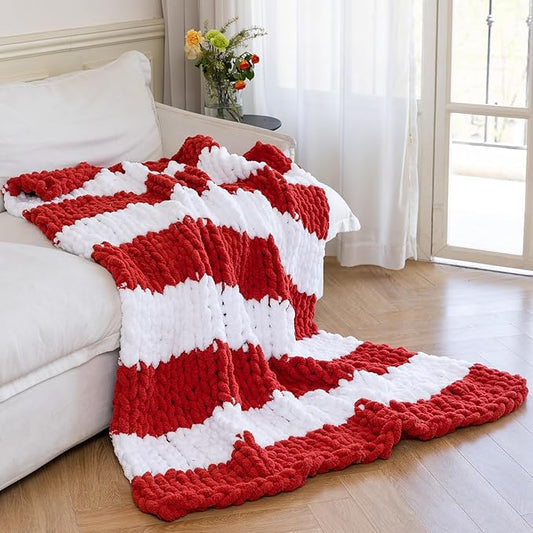 Chunky Knit Blanket - Luxury Soft Cozy Queen Size(50 * 60) Throw Blanket,100% Woven Blanket Rope Knot Throw Blanket for Couch, Sofa, Home Decor, Gift - Machine Washable（White/Wine red）