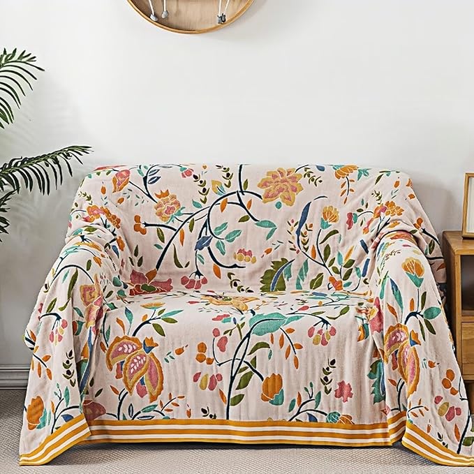 Fall Boho Throw Blanket for Couch, 100% Cotton Reversible Throw Blankets, Lightweight King Size Fall Quilts, Rustic Cotton Blankets for Couch, Sofa, King Size,90"x98"