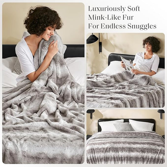Zuri Ultra-Soft Poly Fur Blanket, Reversible Plush, All Season & Lightweight Fuzzy Blanket for Bed, Couch & Sofa, Twin/Twin XL, Grey