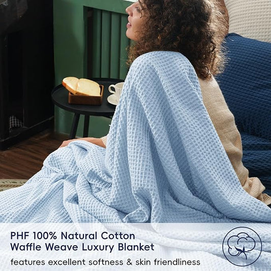 PHF Pre-Washed Cotton Waffle Weave Blanket Throw Size for Couch Bed,Snag Proof Spring Summer Lightweight Breathable,Oeko-TEX Certified,Machine Washable, Home Decor Gift，Sky Blue/Baby Blue