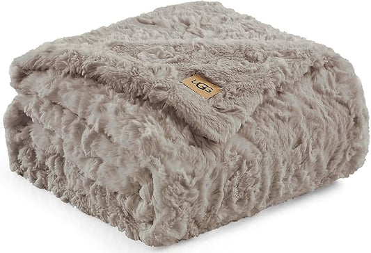 UGG Adalee Faux Fur Throw Blanket Luxury Lightweight Cozy Soft Throw for Couch Bed or Chair Hypoallergenic Machine Washable Double-Sided Fluffy Blanket Home Decor, 50-inch x 70-inch, Oyster Brown