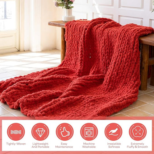 Chunky Knit Blanket - Luxury Soft Cozy Queen Size(50 * 60) Throw Blanket,100% Woven Blanket Rope Knot Throw Blanket for Couch, Sofa, Home Decor, Gift - Machine Washable（Wine red）