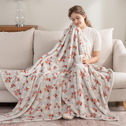 Berkshire Blanket-Classic Heavyweight Soft Printed VelvetLoft® Plush Throw Blanket, Cozy and Fuzzy, Mushroom Field Grey, 50in x 70in