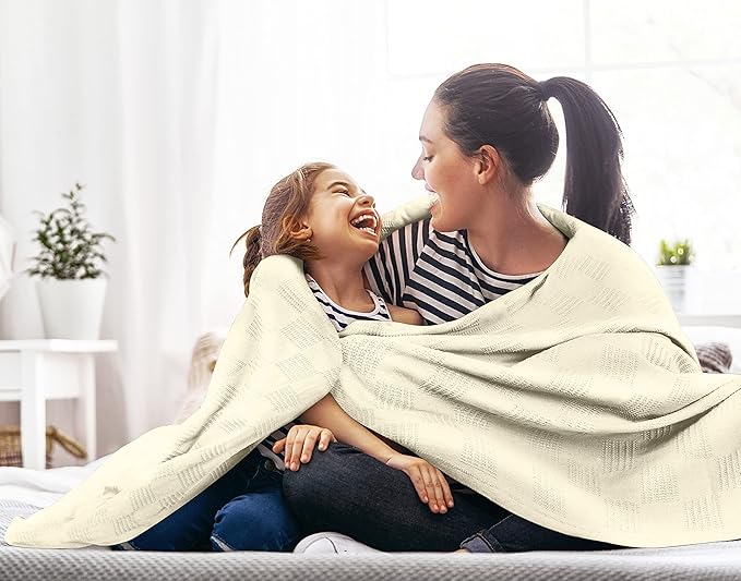 Utopia Bedding Ivory 100% Cotton Blanket [Twin Size - 90x72 Inch] 350GSM Lightweight, Soft and Breathable Thermal Blanket for All Seasons