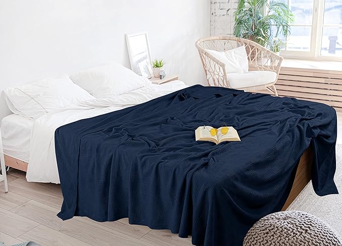 Utopia Bedding Navy 100% Cotton Blanket [Queen Size - 90x90 Inch] 350GSM Lightweight, Soft and Breathable Thermal Blanket for All Seasons