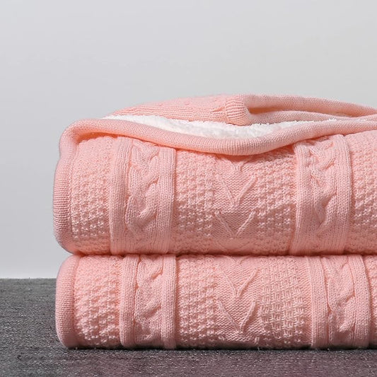 Longhui bedding Pink Acrylic Cable Knit Sherpa Throw Blanket - Thick, Soft, Big, Cozy Knitted Fleece Blankets for Couch, Sofa, Bed - 50" x 63"