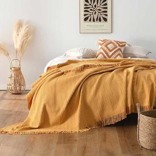 100% Cotton Waffle King Blanket with Fringe 104"x90", Pre-Washed Waffle Weave Blanket for All Season, Lightweight Breathable Soft Cozy Throw Blanket for Couch, Bed, Travel (Mustand Yellow)