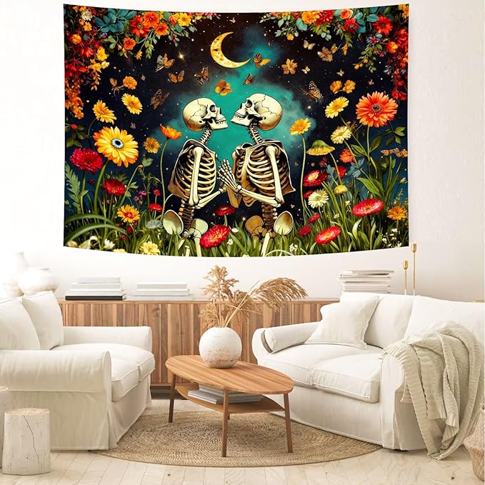 Delur Floral Skeleton Lovers Tapestry Gothic Romantic Skull Vintage Flower Plant Tapestry Wall Hanging Abstract Mushroom Moon Garden Headboard for Bedroom Living Room Home Decor (70.8" x 92.5")