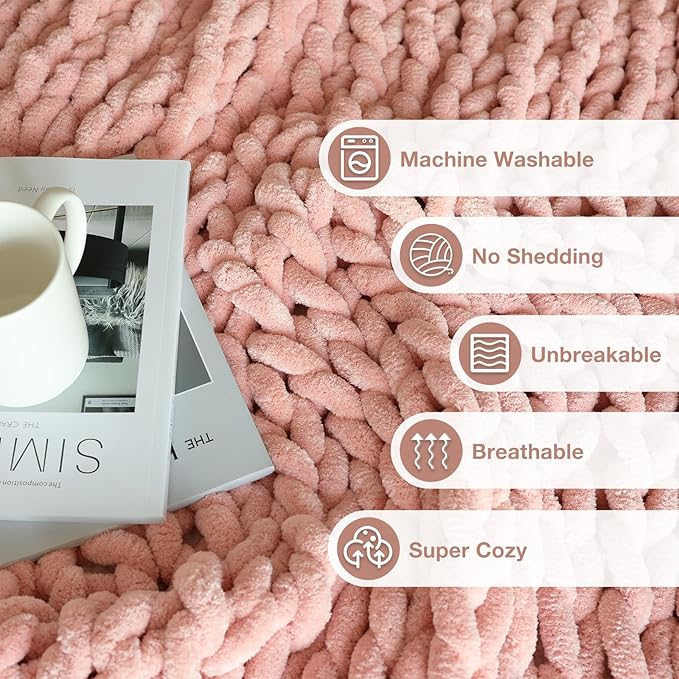 Soft Chunky Knit Blanket, 60X80 in Handmade Thick Chenille Yarn Throw Without Shedding & Raveling, Aesthetic & Cozy Home Decor with Couch Sofa Bed, Gift Pack, Pale Pink