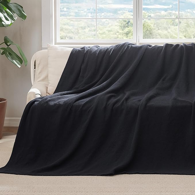 Bedsure 100% Cotton Blanket Twin XL Size for Bed - Breathable and Lightweight, Soft Cozy Textured Herringbone Woven Blanket for Summer Spring, Black, 66x90 inches