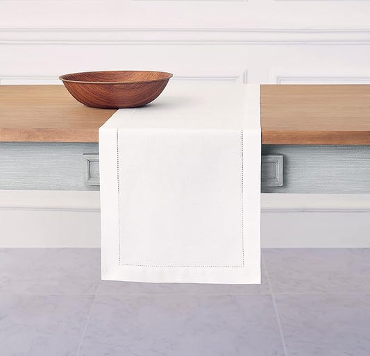 Solino Home White Table Runner 36 Inches - Cotton Linen Hemstitch Coffee Table Runner 14 x 36 Inch Ideal for Dresser Tables - Summer, Fall, Autumn, Halloween