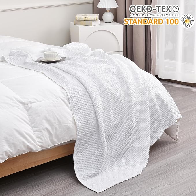 PHF Pre-Washed Cotton Waffle Weave Blanket Throw Size for Couch Bed,Snag Proof Spring Summer Lightweight Breathable,Oeko-TEX Certified,Machine Washable, Home Decor Gift-White