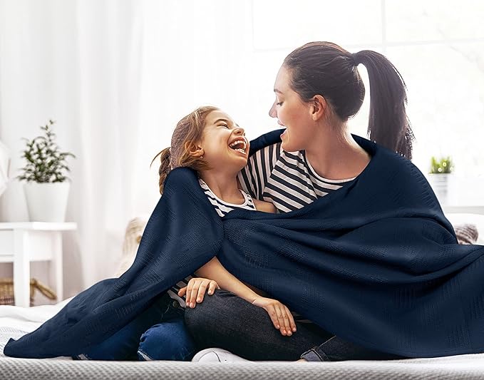 Utopia Bedding Navy 100% Cotton Blanket [Throw Size - 60x50 Inch] 350GSM Lightweight, Soft and Breathable Thermal Blanket for All Seasons