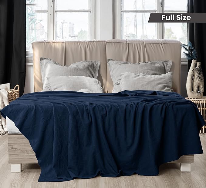 Utopia Bedding Navy 100% Cotton Blanket [Full Size - 90x84 Inch] 350GSM Lightweight, Soft and Breathable Thermal Blanket for All Seasons