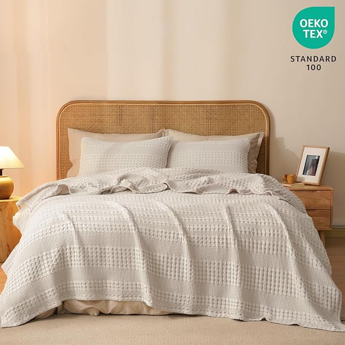 PHF 100% Cotton Waffle Weave Blanket Twin Size, Soft Lightweight Breathable Cozy Summer Blankets for Bed, Luxury Aesthetic Woven Bedding for Home Decor, 66"x90", Oatmeal