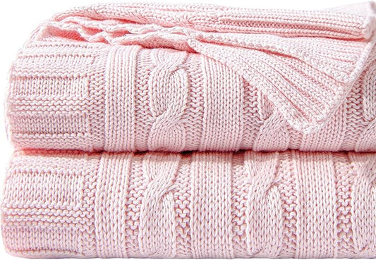NTBAY 100% Pure Cotton Oversize (60x80) Cable Knit Throw Blanket, Super Soft Warm Knitted Throw Blanket for Bed, Sofa, Chair, Couch - Extra Cozy, Machine Washable, Comfortable Home Decor, Baby Pink
