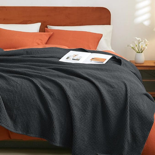 PHF 100% Cotton Waffle Weave Blanket King Size 104" x 90" - Lightweight Washed Soft Breathable -Perfect Layer for Couch Bed Sofa - Aesthetic Elegant Home Decoration Gift - Black