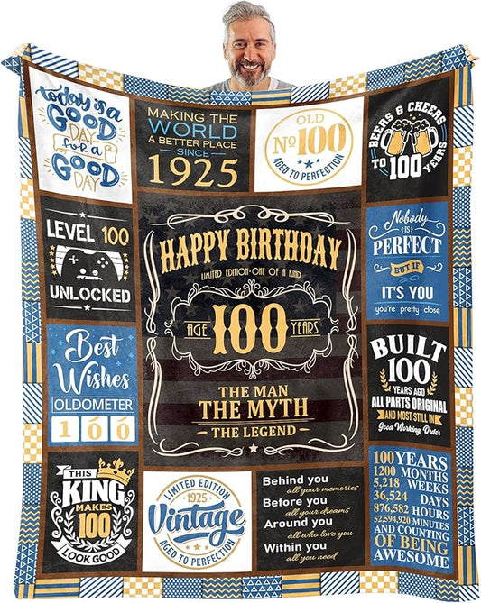 100th Birthday Blanket 60 x 50 inch - Gifts for 100 Year Old Man - 100th Birthday Gifts for Men -100th Birthday Gift Ideas for Dad, Grandpa - 100th Birthday Decorations