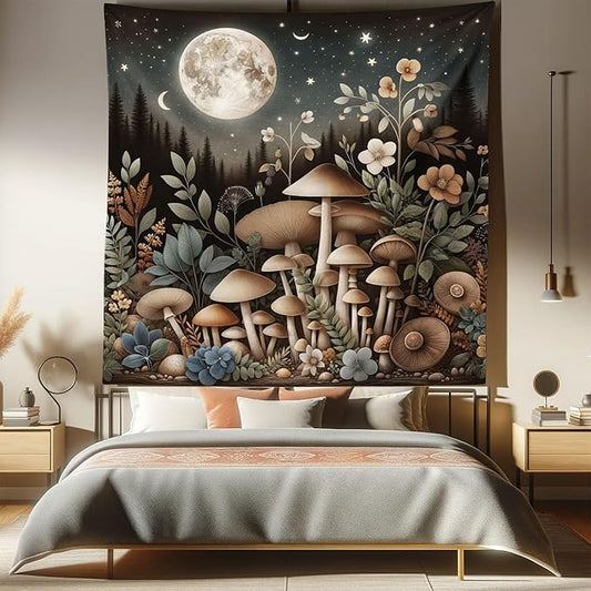 Ambesonne Aesthetic Tapestry Queen Size, Night Forest Scene with Boho Nature Mushroom Leaves Stars and Full Moon, Wall Hanging Bedspread Bed Cover Wall Decor, 88" X 88", Sepia and Grey Teal