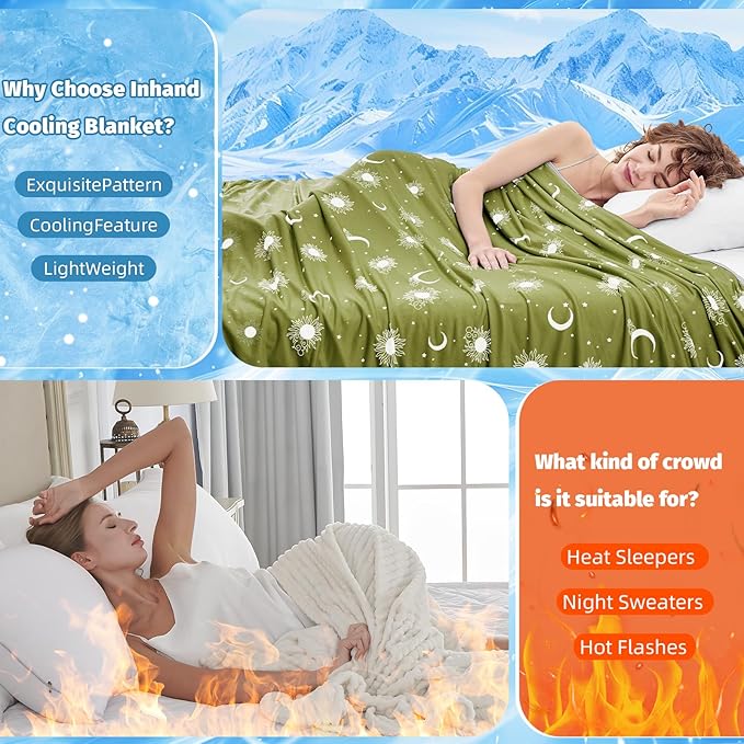 inhand Cooling Throw Blanket (50"x60") - Cooled Blankets for Hot Sleepers Lightweight Breathable Summer Blanket for Sleeping Night Sweats to Keep Cool in The Heat -Wild Fern Green