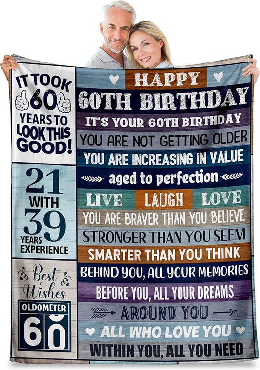 60th Birthday Gifts for Men Women, 60th Birthday Gift Ideas, Milestone 60th Birthday Decorations, Funny 60 Years Old Gift for Husband Wife Him Her Dad Mom, 60th Birthday Gifts Throw Blanket 50" x 60"