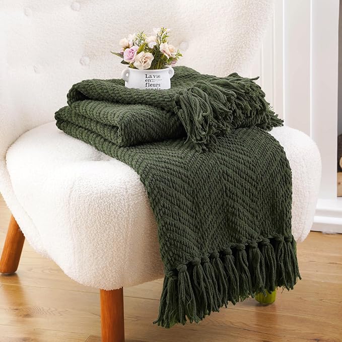 BATTILO HOME Olive Green Throw Blankets for Couch, Knitted Green Throw Blanket for Bed, Super Soft Warm Large Throws for Home Decor, 60" x 80"