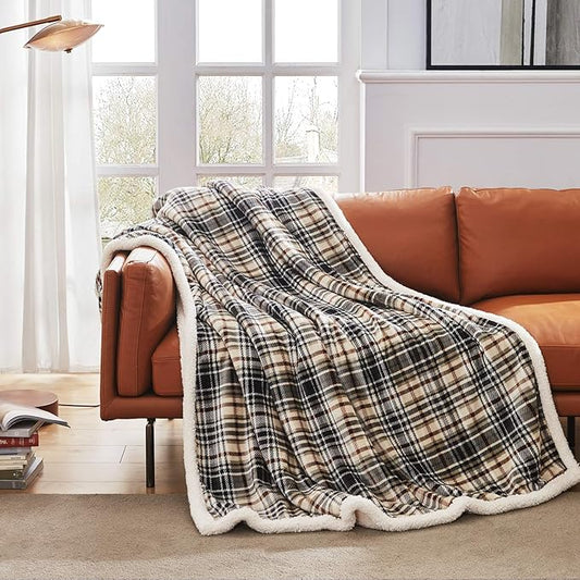 Touchat Sherpa Plaid Throw Blanket, 60" X 70"Fuzzy Fluffy Cozy Soft Blanket, Fleece Flannel Plush Twin Size Microfiber Blanket for Couch Bed Sofa (Brown)