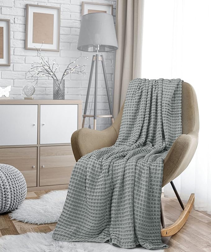 Utopia Bedding Cool Grey 100% Cotton Waffle Blanket 300 GSM [Queen - 90x90 Inch] Soft Lightweight Breathable Bed Blanket for All Season