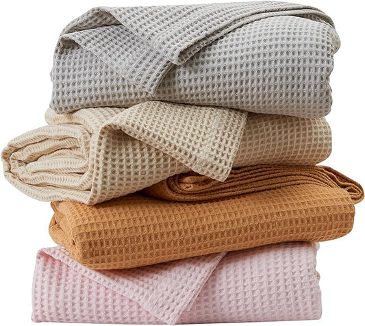 100% Cotton Blanket for Full Queen Size Bed - Taupe Waffle Weave Lightweight Summer Bed Blanket - 90x90in Prewashed Breathable, Woven, Layering Blanket (Full/Queen, Taupe)