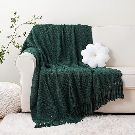 BATTILO HOME Forest Green Throw Blanket for Couch, Knit Christmas Throw Blanket Versatile for Chair, Super Soft Warm Green Christmas Blanket with Tassels for Bed, Sofa and Living Room, 60" x 80"