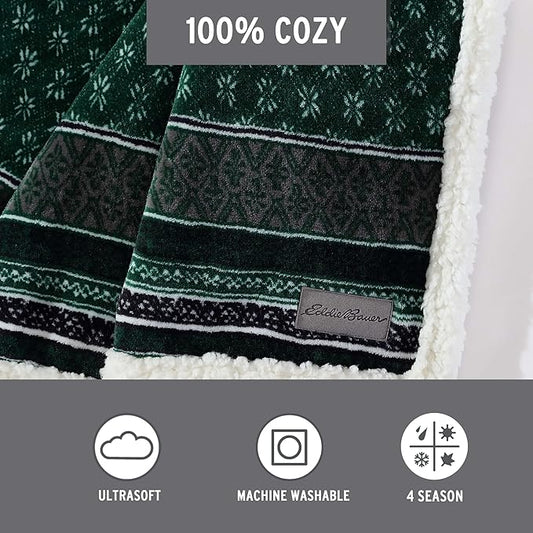 Eddie Bauer- Throw Blanket, Reversible Sherpa Fleece Bedding, Home Decor for All Seasons (Fair Isle Green, Throw)