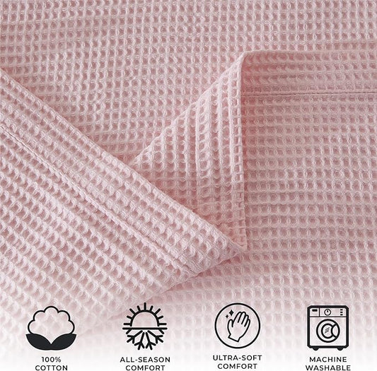100% Cotton Waffle Weave Throw Blanket - Pink Waffle Weave Lightweight Summer Throw Blanket - 50x60in Prewashed Breathable, Woven Throw for Couch, Bed or Office (Blush Pink)