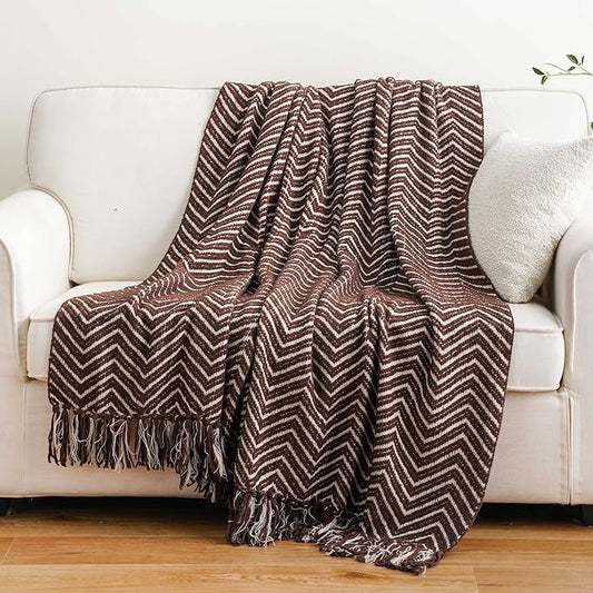 BATTILO HOME Chocolate Brown Throw Blanket for Couch, Decorative Knit Dark Brown Blanket for Bed, Super Soft Warm Throw for Fall Winter Accent Decor, 50''x60'', Chocolate/Cream