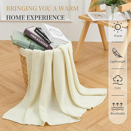 Aganear Knit Throw Blanket for Couch, Knit Throw Blanket for All Seasons, Soft Comfy Lightweight Cable Knitted Throw Blanket for Living Room Bed Office Travel Boho Room Decor(60"x80", Biege)