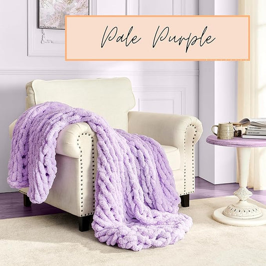 Adyrescia Chunky Knit Blanket Throw | 100% Hand Knit with Jumbo Chenille Yarn (50"x60", Pale Purple)