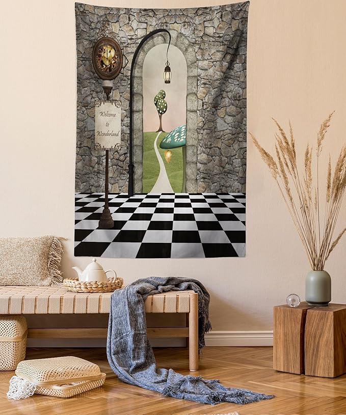 Ambesonne Alice in Wonderland Tapestry Queen Size, Welcome Wonderland Black and White Floor Landscape Mushroom Lantern, Wall Hanging Bedspread Bed Cover Wall Decor, Queen Size, Stone Black