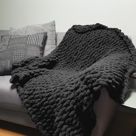 Adyrescia Chunky Knit Blanket Throw | 100% Hand Knit with Jumbo Chenille Yarn (40"x50", Raven Black)