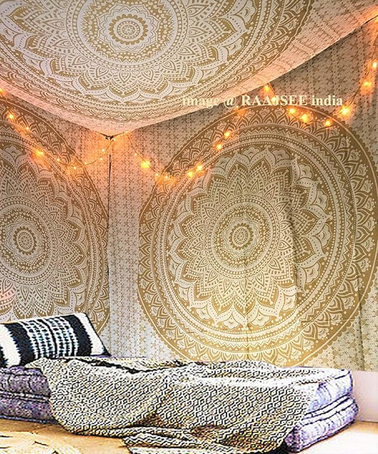 raajsee Glittering Gold Tapestry Wall Hanging Mandala- Indian Cotton Throw Hippie Tapestries - Boho Bedding White Golden Queen Bedspread 82x92 inches-Meditation Yoga Rugs Mats
