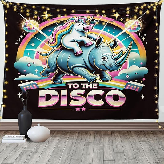 Ambesonne Funny Tapestry, Whimsical Colorful to the Disco Lettering Cheery Unicorn Riding a Wild Animal, Wide Wall Hanging for Bedroom Living Room Dorm, 80" X 60", Black Multicolor