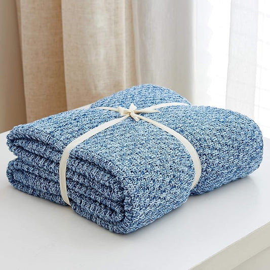 Longhui bedding Blue Knitted Throw Blanket for Couch, Soft, Cozy Machine Washable 100% Cotton Sofa Knit Blankets, Heavy 2.8lb Weight, 51 x 63 Inches, Blue and White Color, Laundry Bag Included