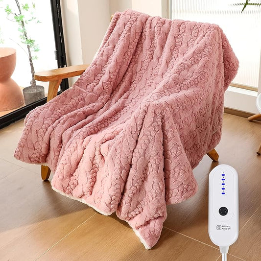 ESTINGO Electric Blanket Throw - 50x60 Rabbit Faux Fur Heating Blanket Throw 4 Hours Auto-Off 5 Heat Levels Overheat Protection Luxury Faux Fur Sherpa Heated Blanket ETL Certification, Candy Pink