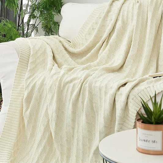 Longhui bedding Cotton Cable Knit Throw Blanket for Couch Chairs Beach Sofa, Home Beige Decorative Blanket, Cream 50 x 60 inches